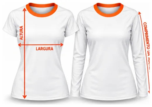 Desenho Camiseta feminina (babylook) com as medidas de altura e largura e o comprimento da manga