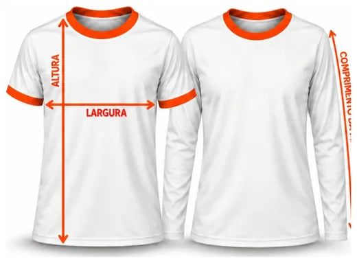 Desenho Camiseta masculina com as medidas de altura e largura e o comprimento da manga